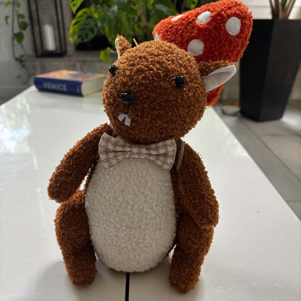 Decorative Plush Squirrel with Mushroom Backpack Figurine